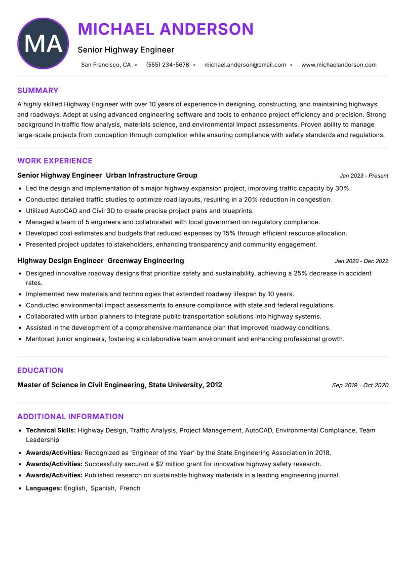 Highway Engineer resume example