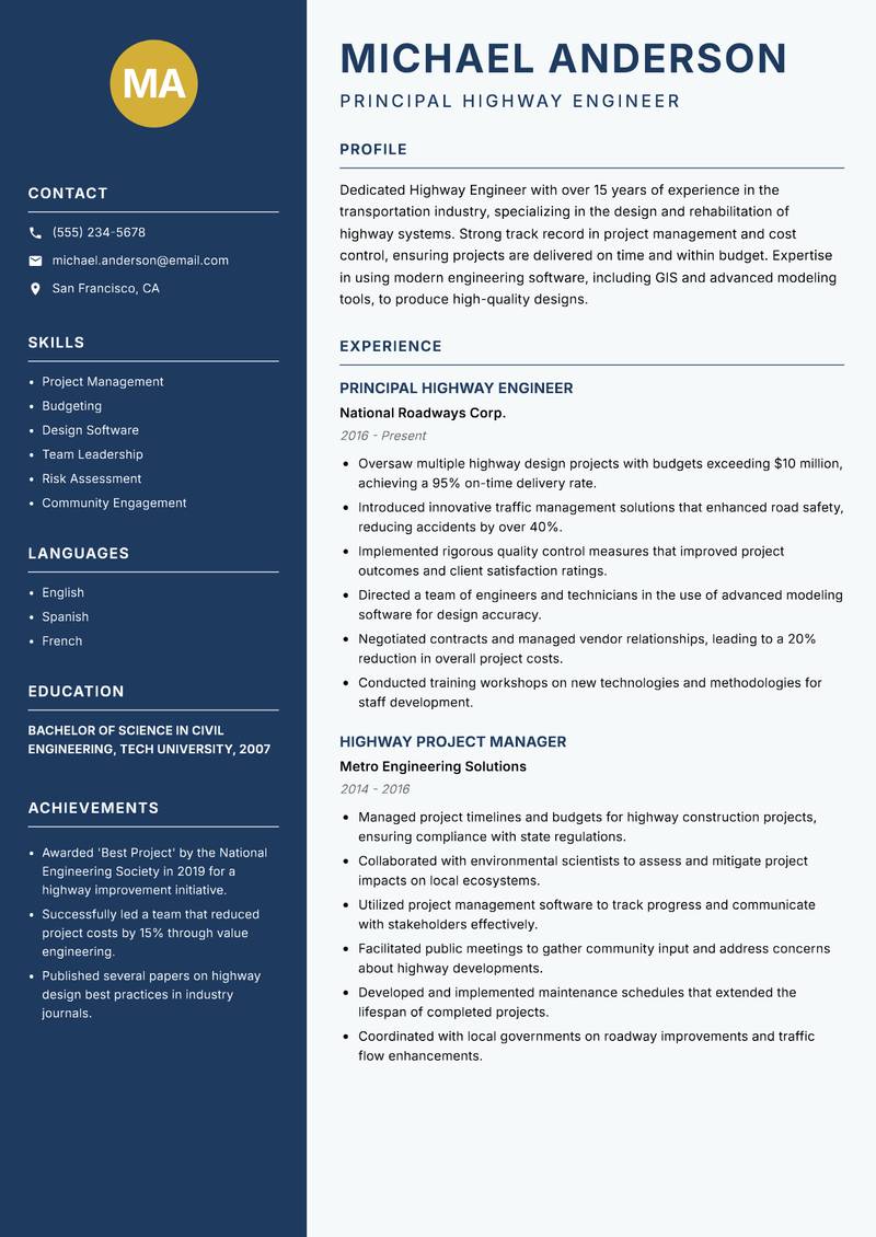 Highway Engineer resume sample — Principal Highway Engineer focus