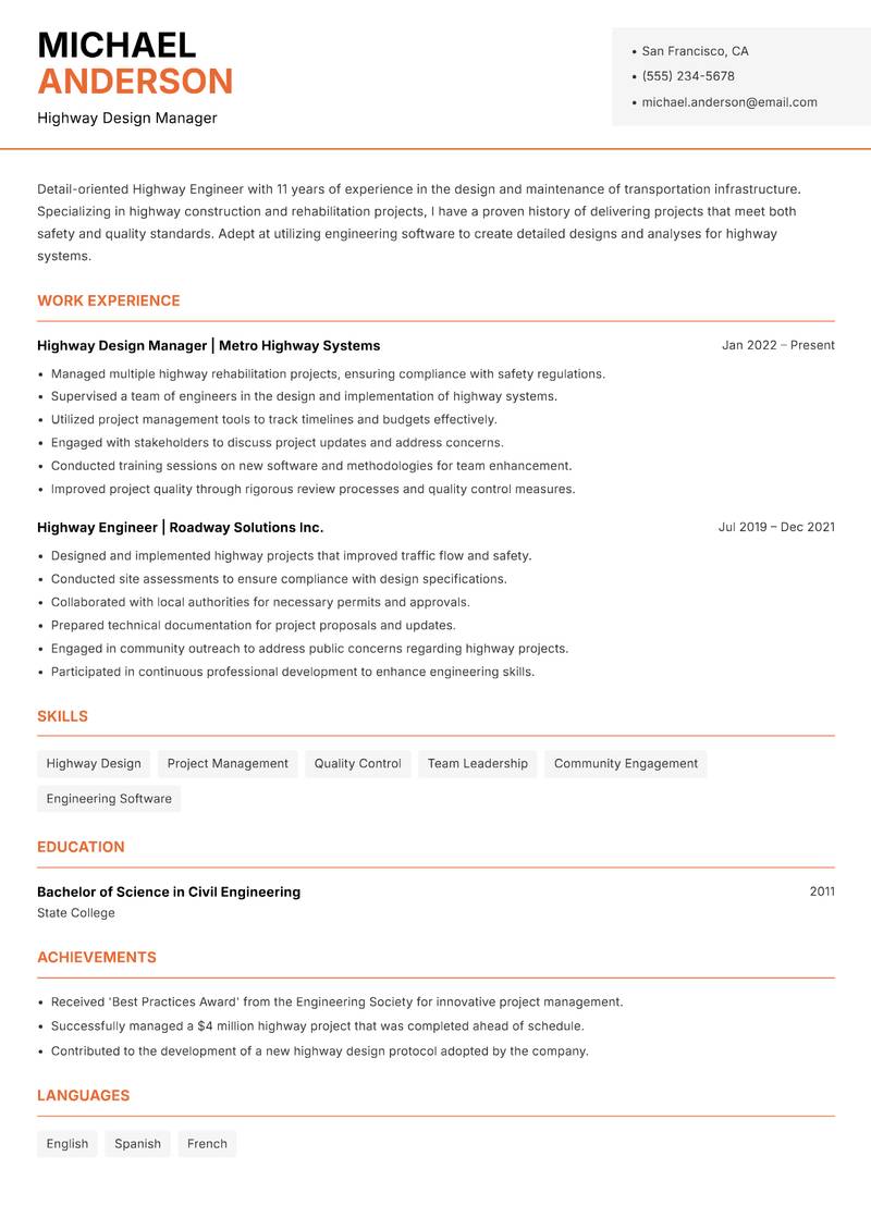 Highway Engineer resume sample — Highway Design Manager focus