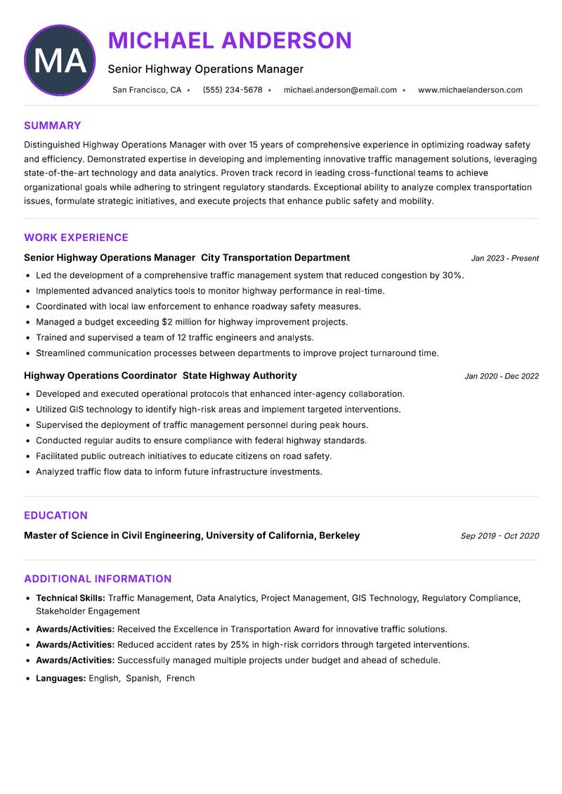 Highway Operations Manager resume example