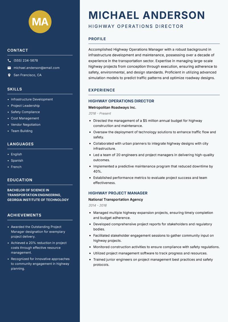 Highway Operations Manager resume sample — Highway Operations Director focus