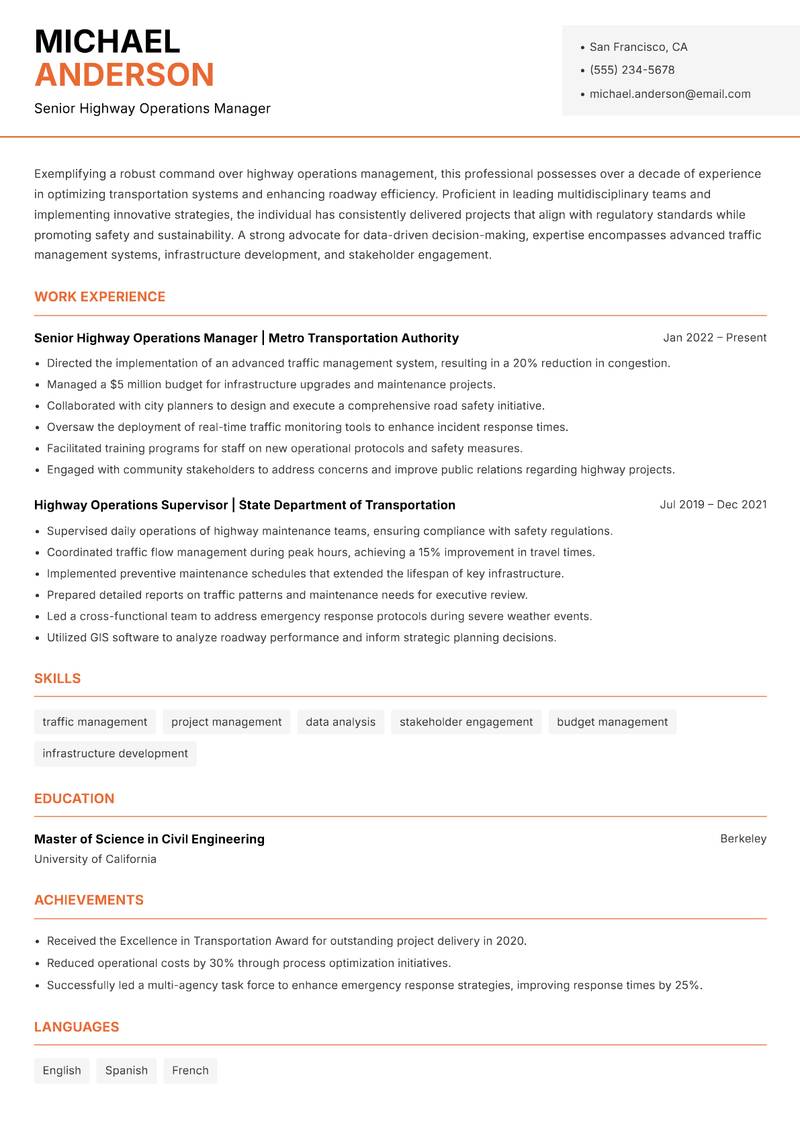 Highway Operations Manager resume sample — Senior Highway Operations Manager focus