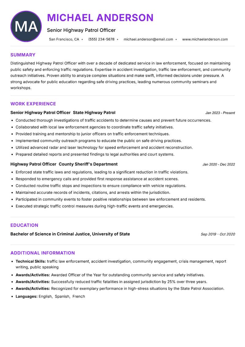 Highway Patrol Officer resume example