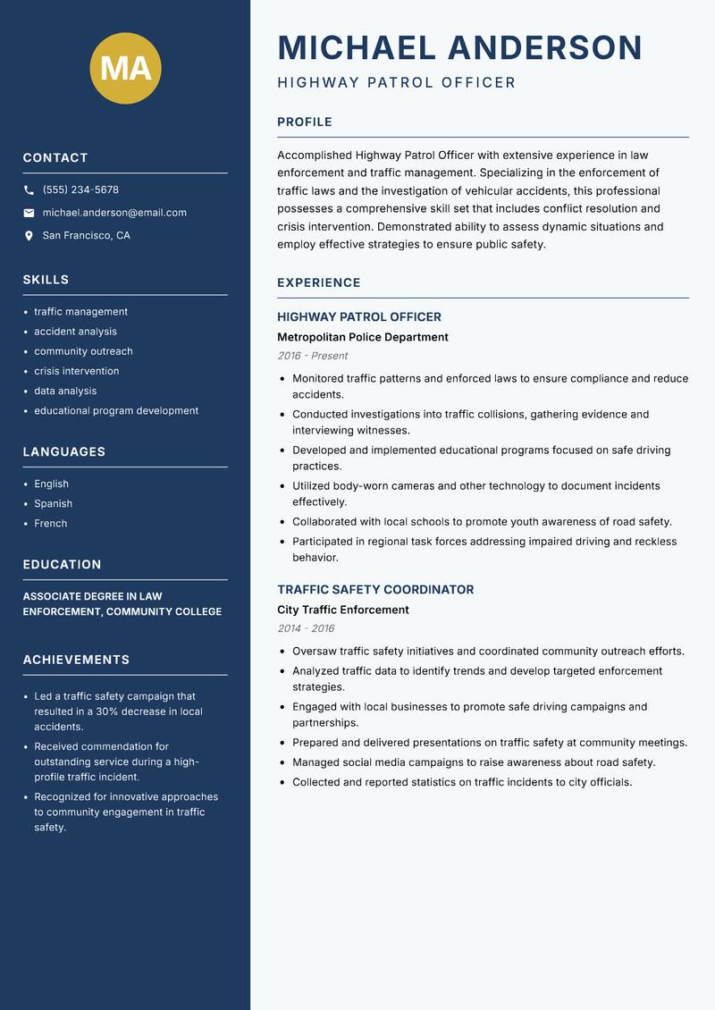 Highway Patrol Officer resume sample — Highway Patrol Officer focus