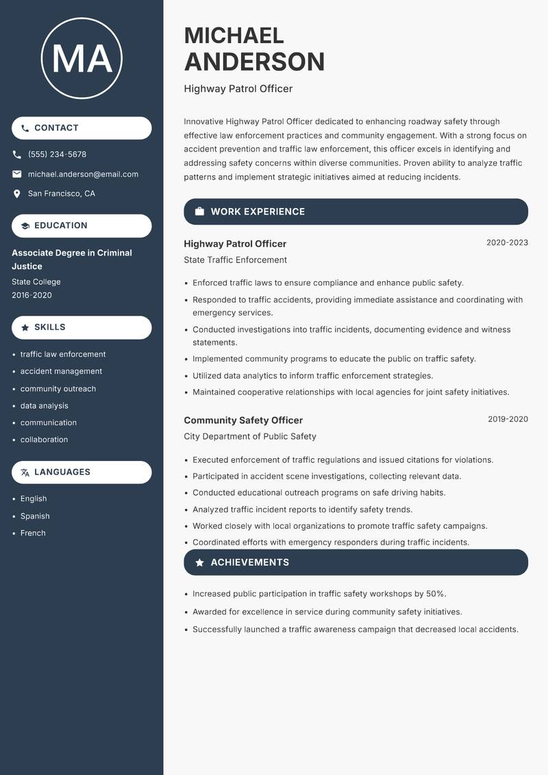 Highway Patrol Officer resume sample — Highway Patrol Officer focus