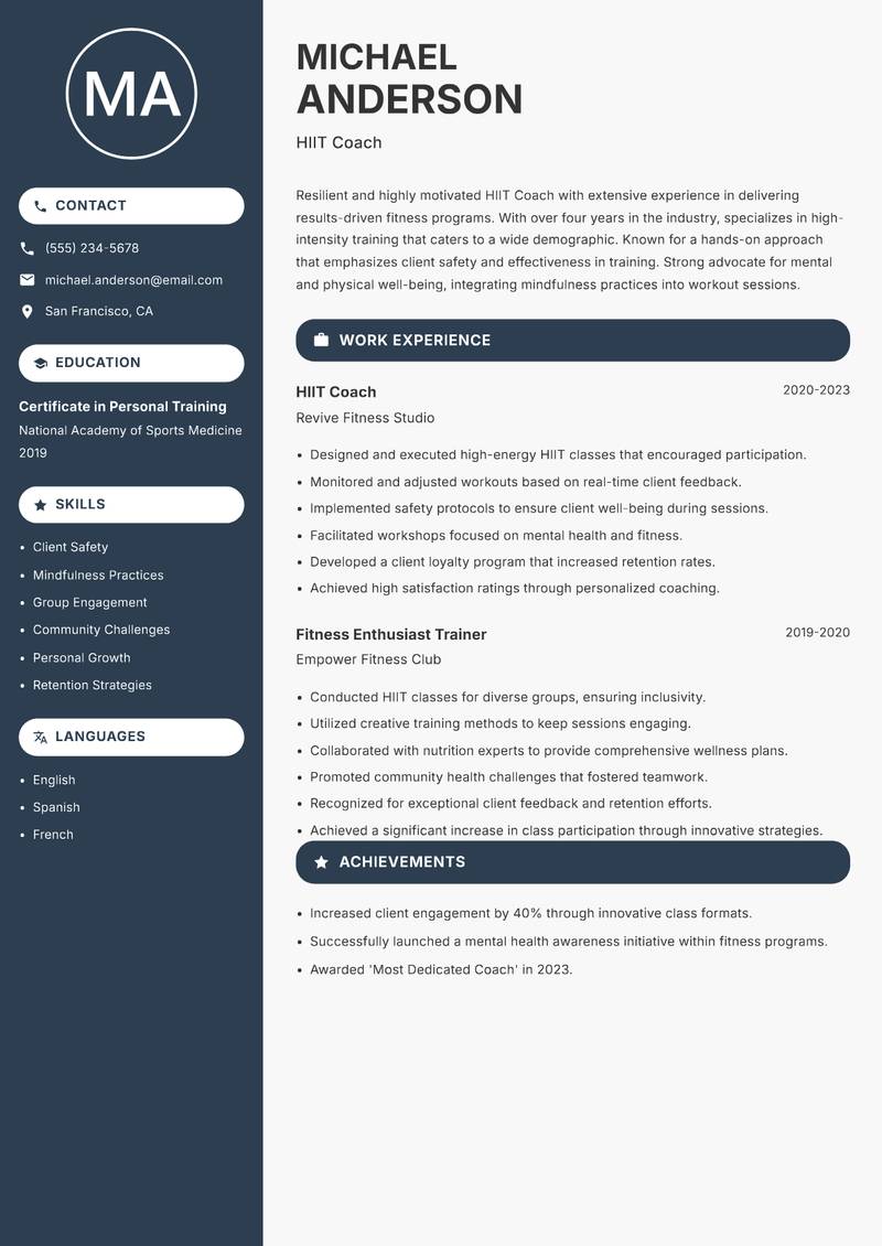 HIIT Coach resume sample — HIIT Coach focus