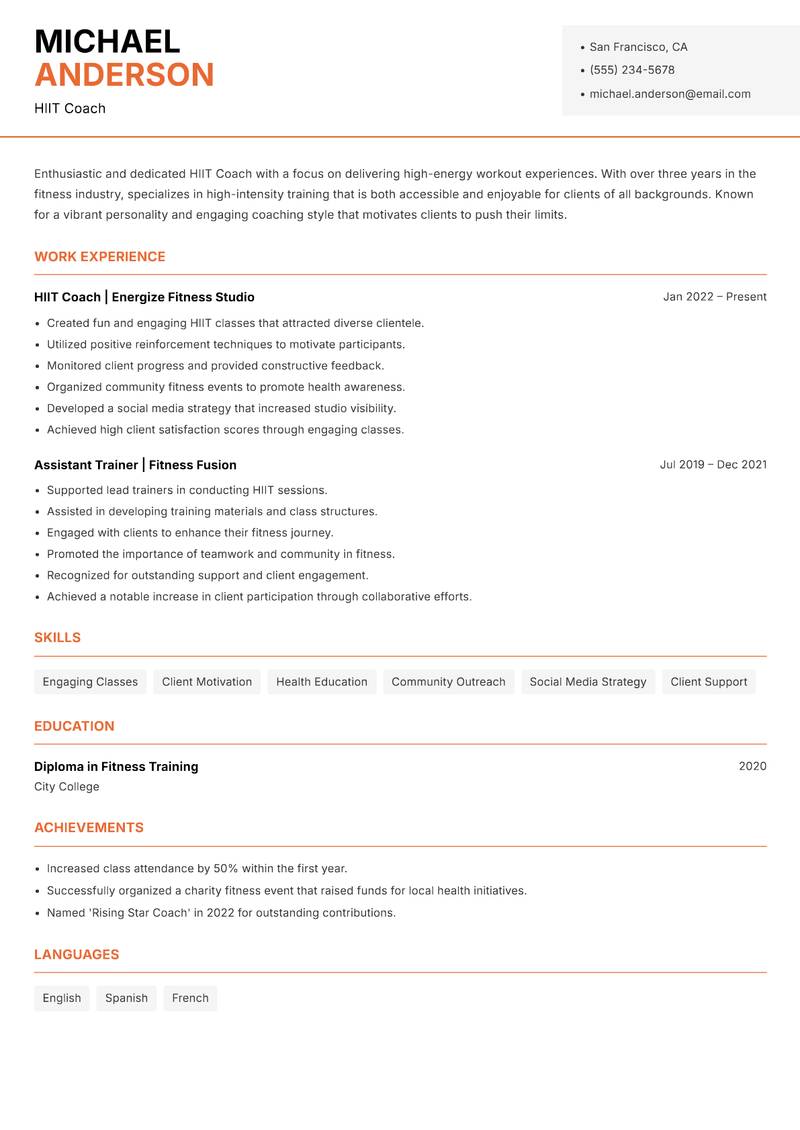 HIIT Coach resume sample — HIIT Coach focus