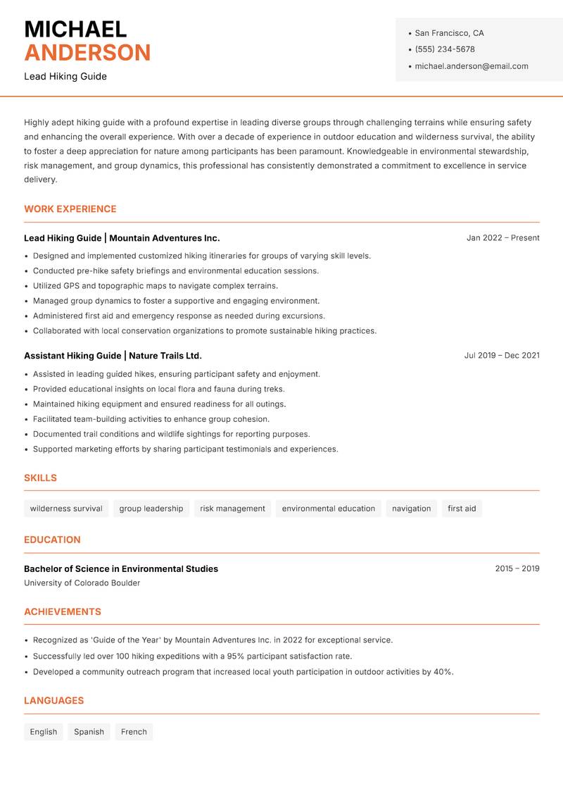 Hiking Guide resume sample — Lead Hiking Guide focus