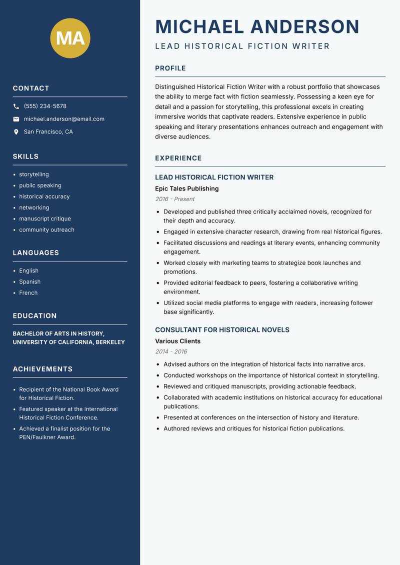 Historical Fiction Writer resume sample — Lead Historical Fiction Writer focus