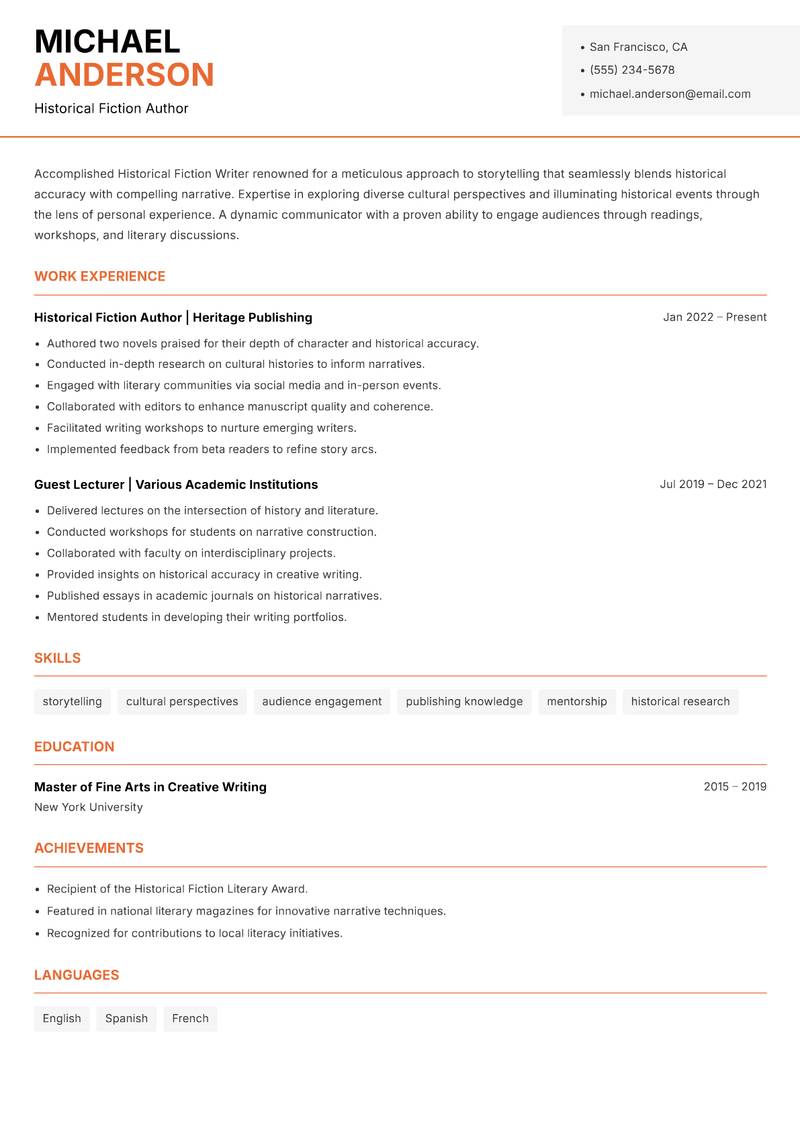 Historical Fiction Writer resume sample — Historical Fiction Author focus