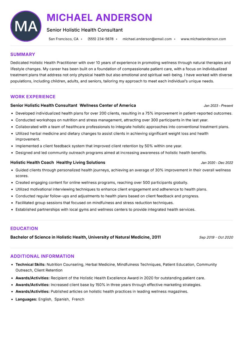 Holistic Health Practitioner resume example