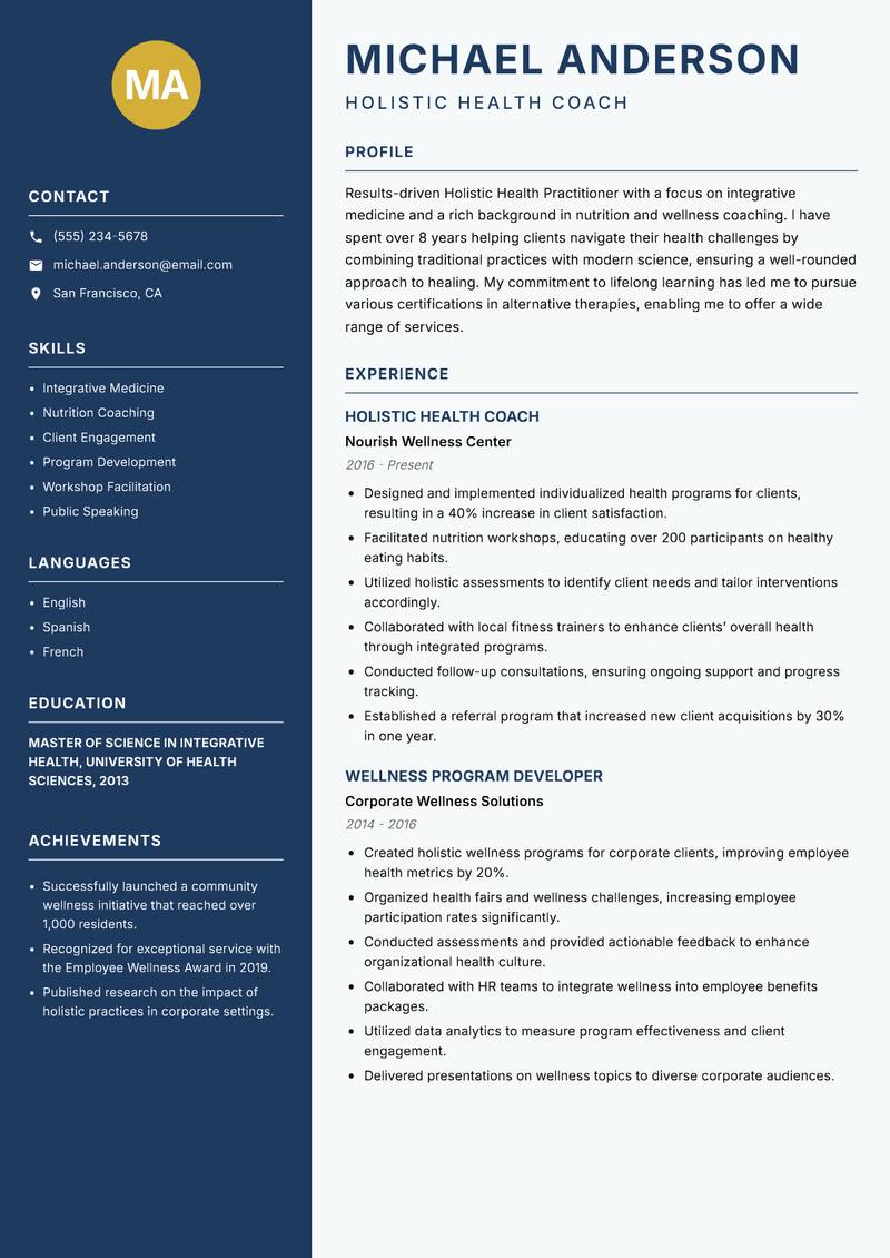 Holistic Health Practitioner resume sample — Holistic Health Coach focus