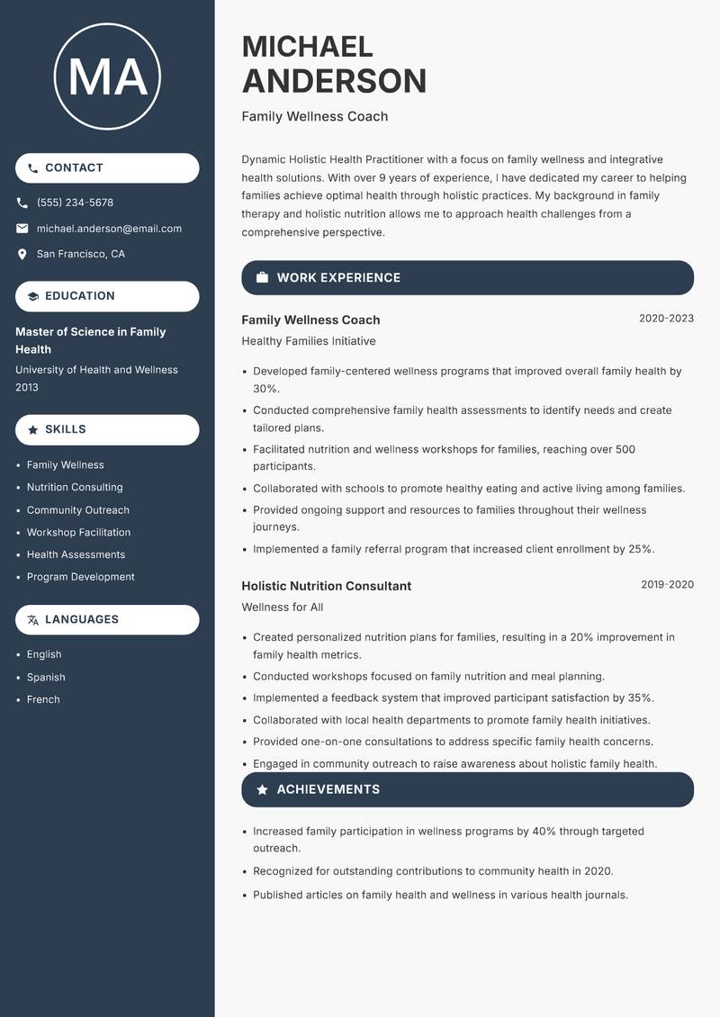 Holistic Health Practitioner resume sample — Family Wellness Coach focus