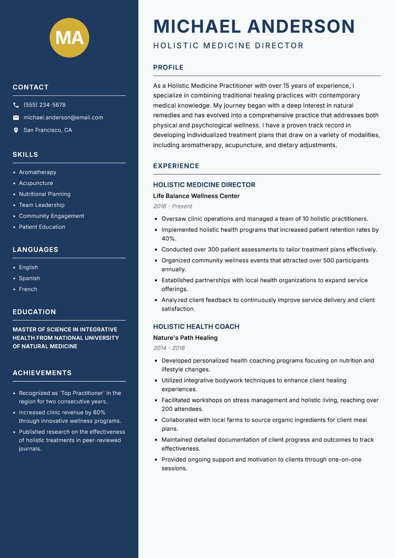 Holistic Medicine Practitioner resume sample — Holistic Medicine Director focus