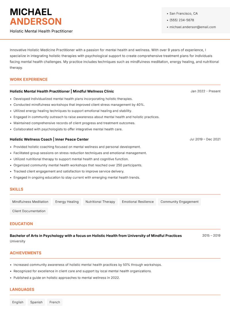 Holistic Medicine Practitioner resume sample — Holistic Mental Health Practitioner focus