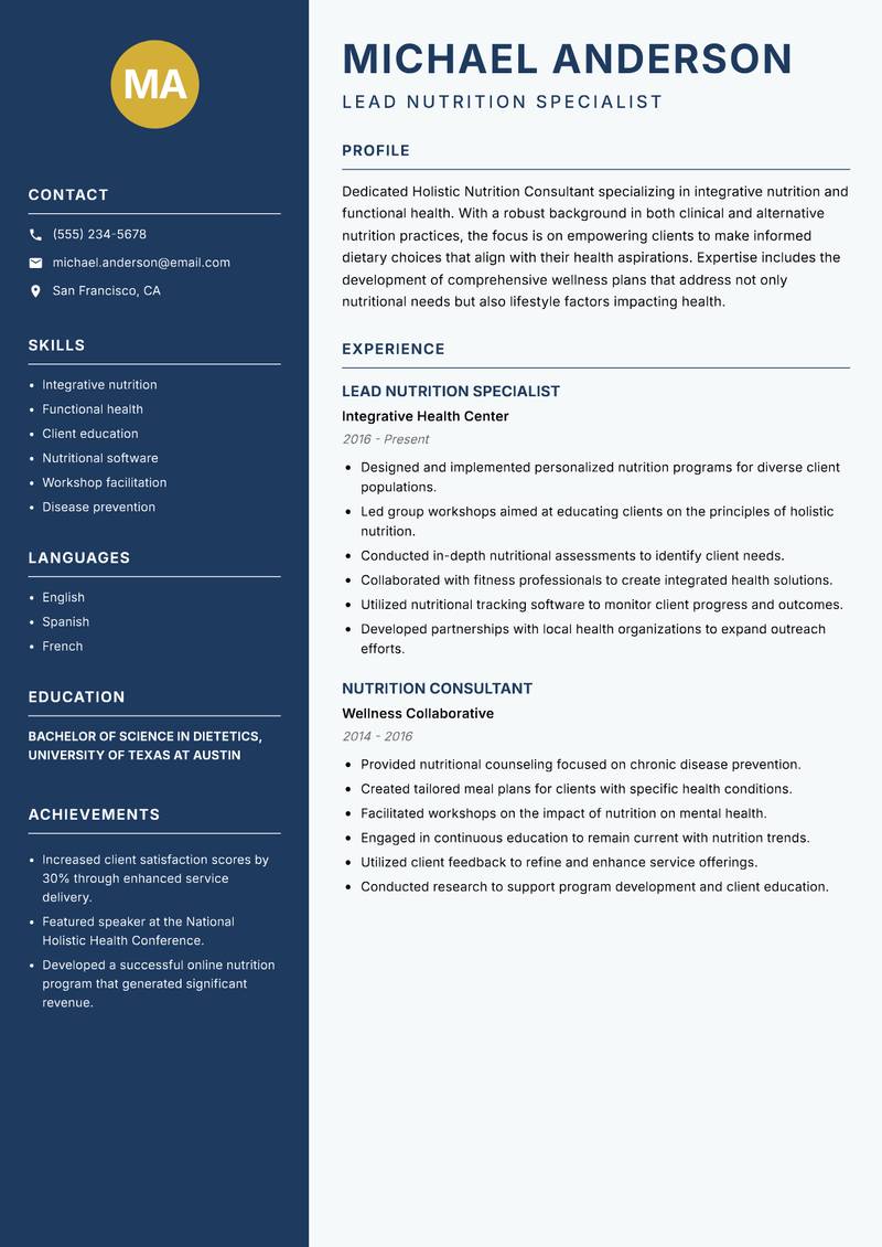 Holistic Nutrition Consultant resume sample — Lead Nutrition Specialist focus