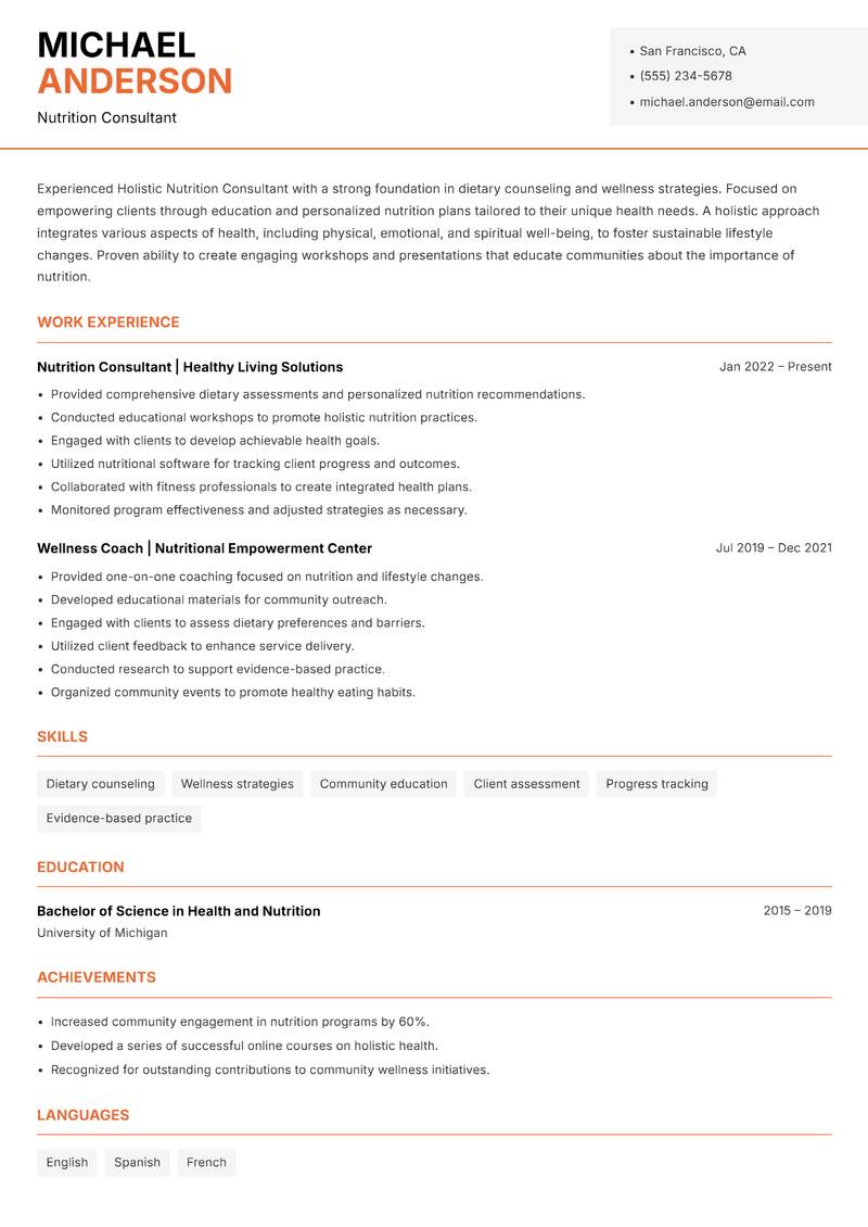 Holistic Nutrition Consultant resume sample — Nutrition Consultant focus