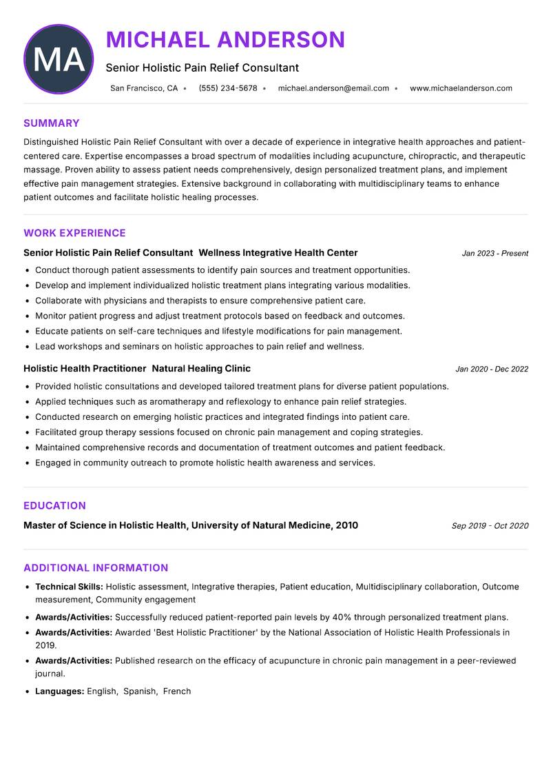 Holistic Pain Relief Consultant resume example