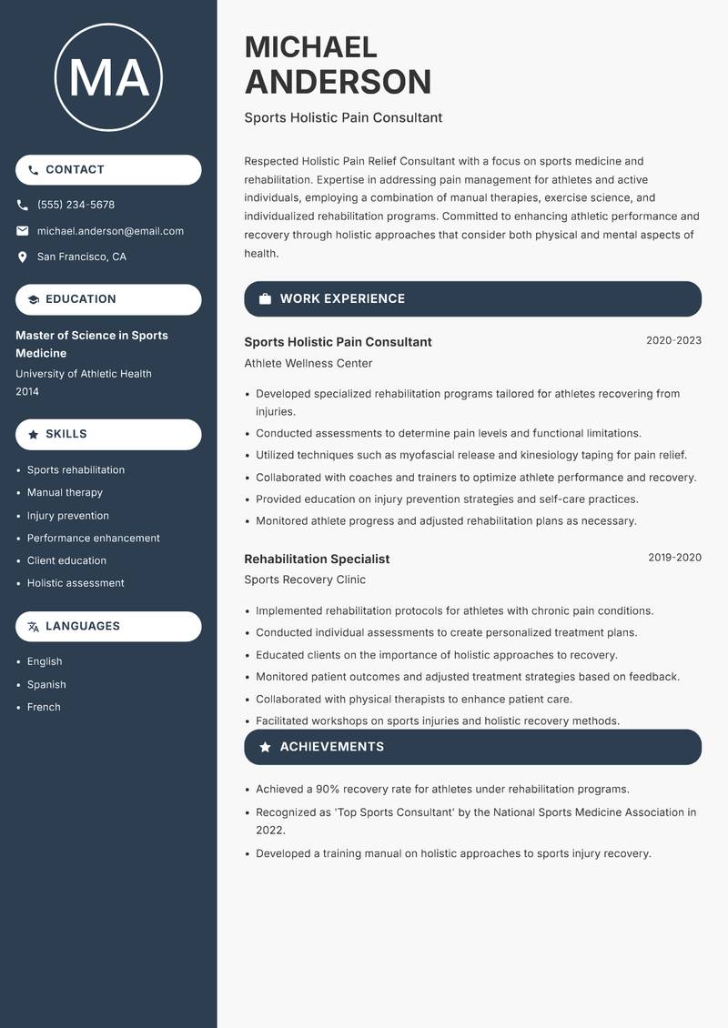 Holistic Pain Relief Consultant resume sample — Sports Holistic Pain Consultant focus