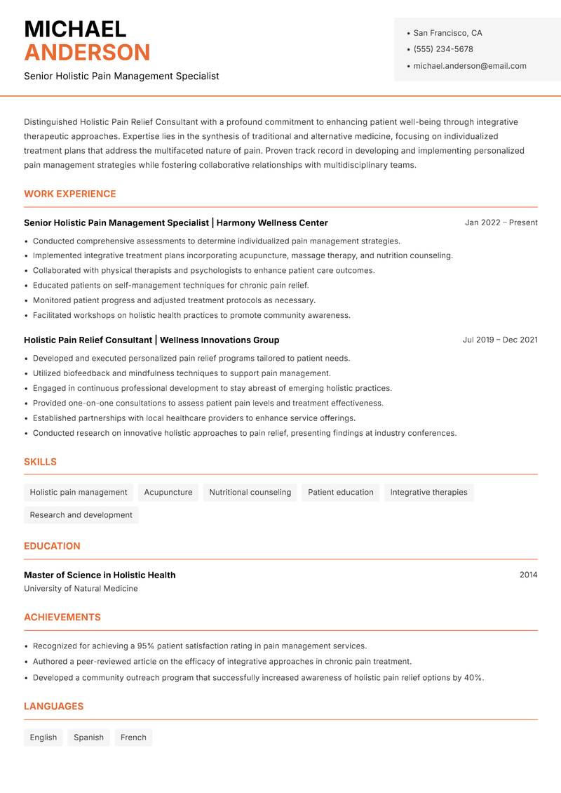 Holistic Pain Relief Consultant resume sample — Senior Holistic Pain Management Specialist focus