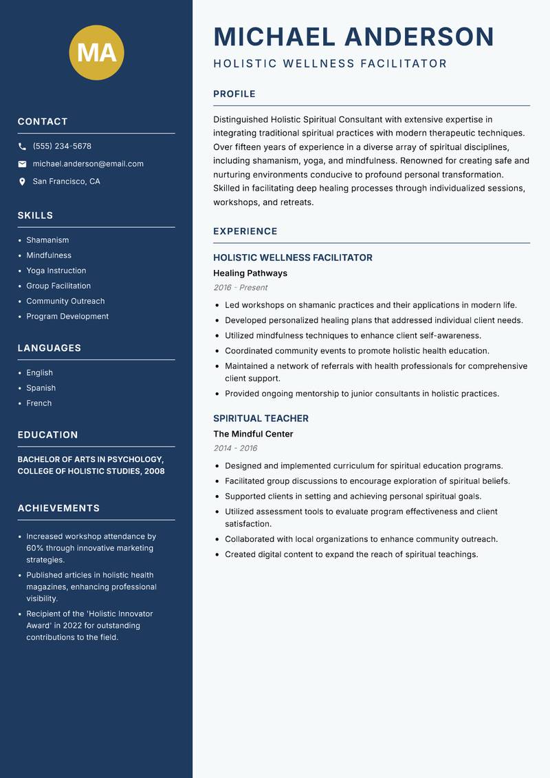 Holistic Spiritual Consultant resume sample — Holistic Wellness Facilitator focus