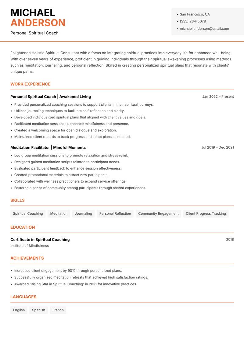Holistic Spiritual Consultant resume sample — Personal Spiritual Coach focus