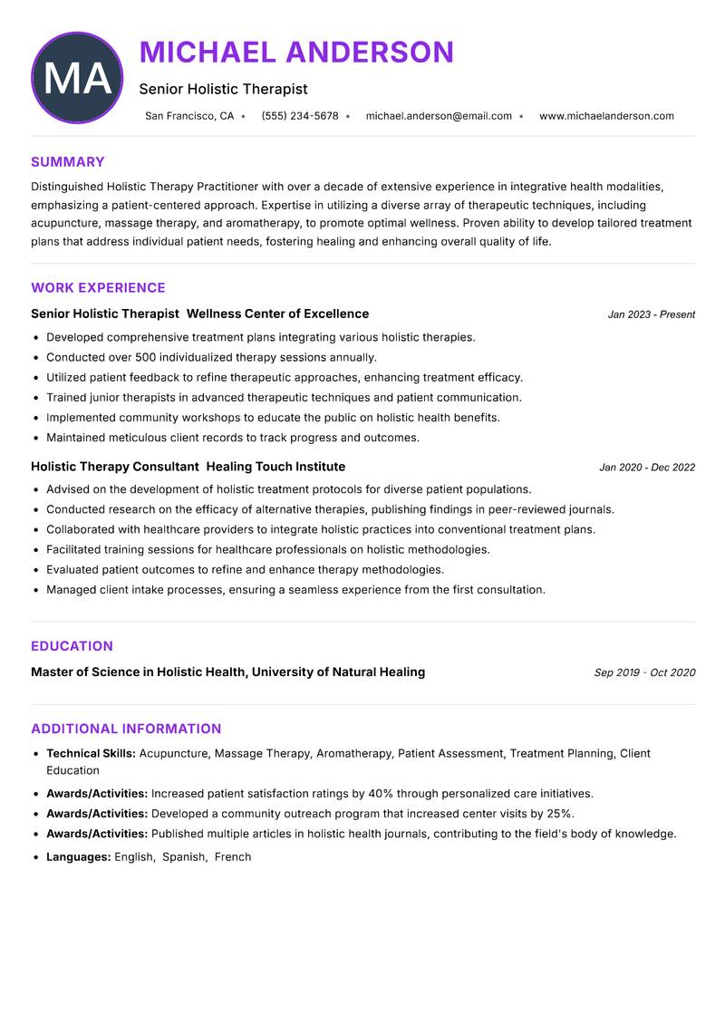 Holistic Therapy Practitioner resume example