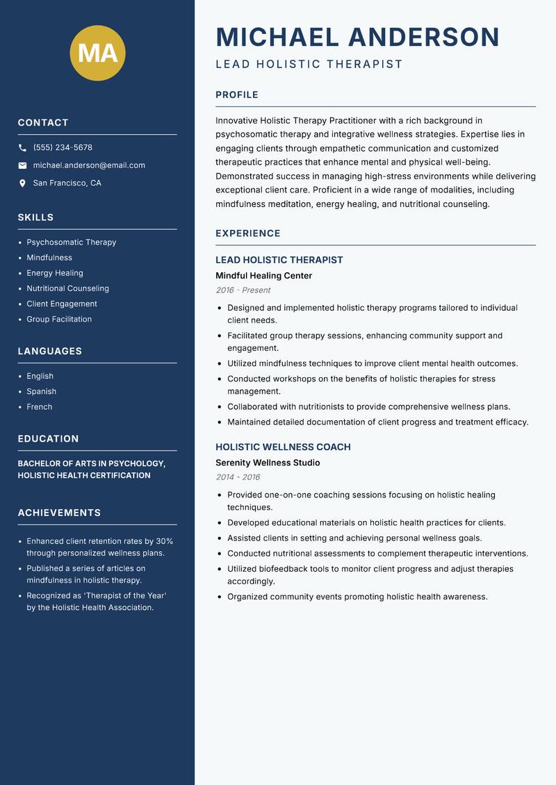 Holistic Therapy Practitioner resume sample — Lead Holistic Therapist focus