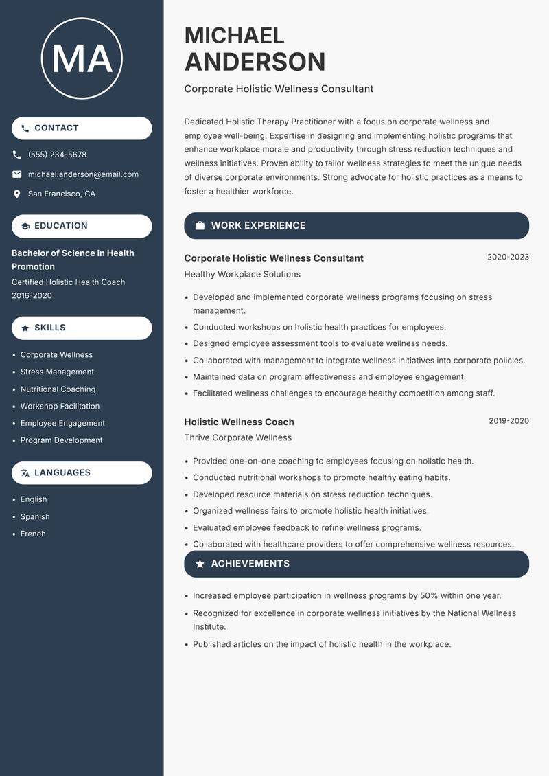 Holistic Therapy Practitioner resume sample — Corporate Holistic Wellness Consultant focus