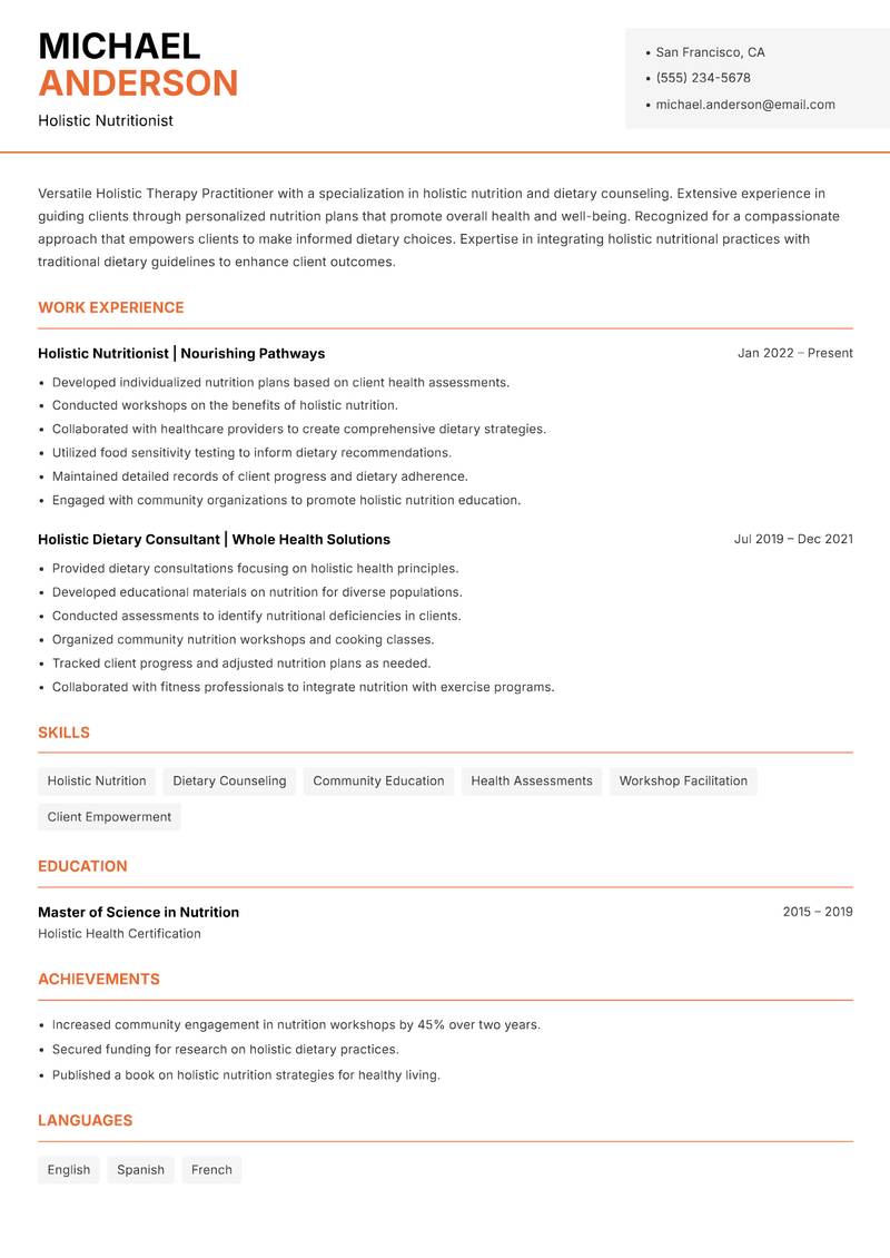 Holistic Therapy Practitioner resume sample — Holistic Nutritionist focus