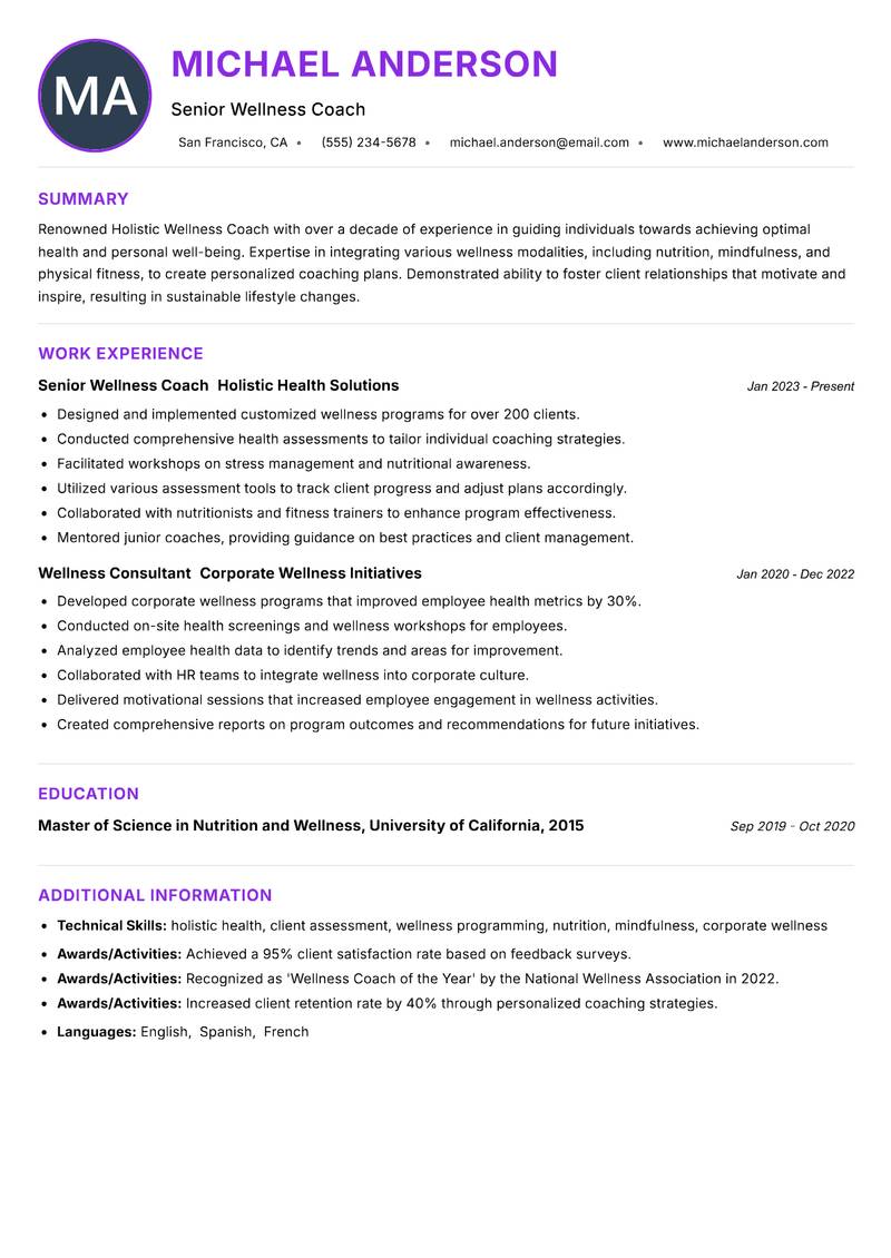 Holistic Wellness Coach resume example
