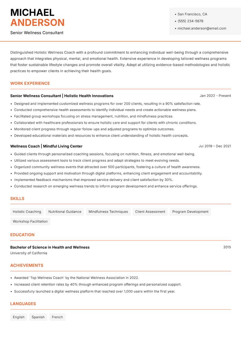 Holistic Wellness Coach resume sample — Senior Wellness Consultant focus