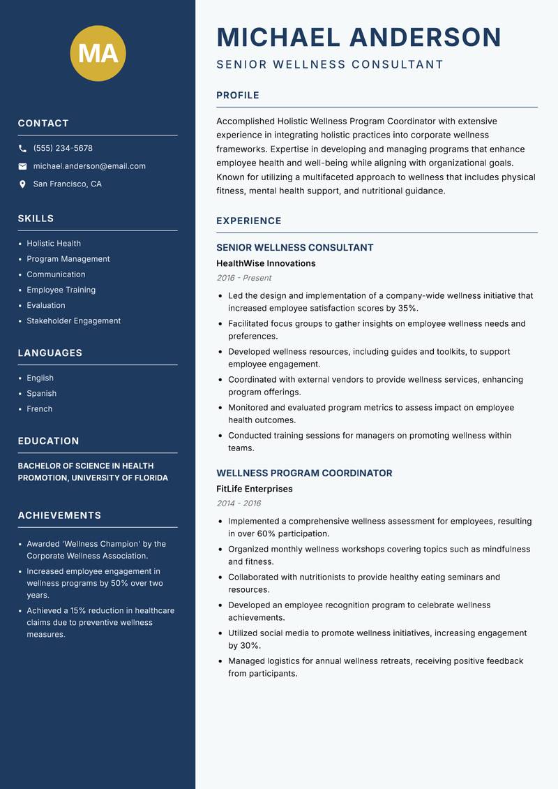 Holistic Wellness Program Coordinator resume sample — Senior Wellness Consultant focus