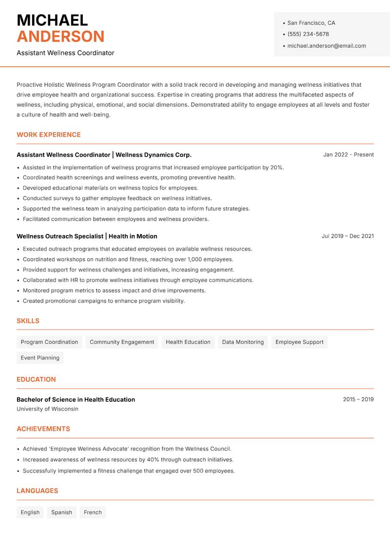 Holistic Wellness Program Coordinator resume sample — Assistant Wellness Coordinator focus
