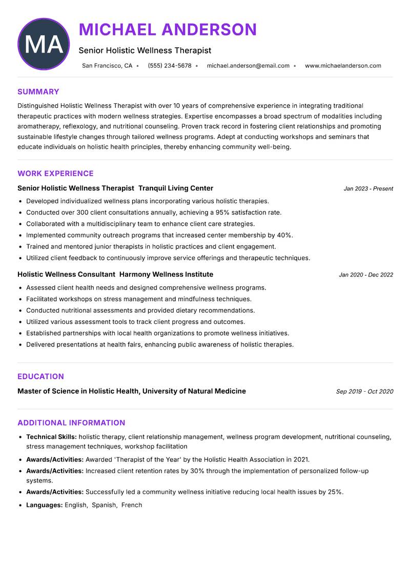 Holistic Wellness Therapist resume example