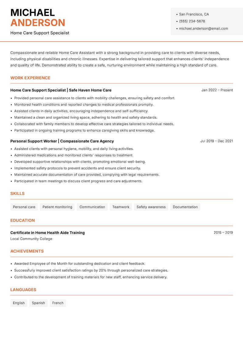 Home Care Assistant resume sample — Home Care Support Specialist focus