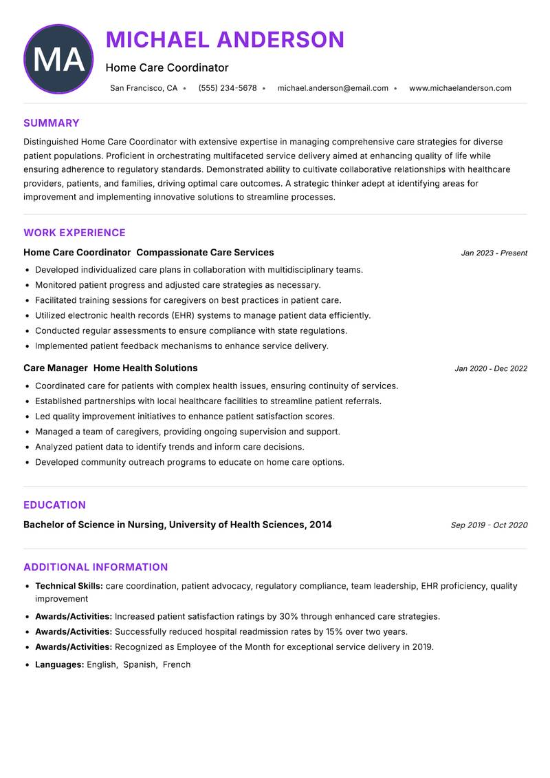 Home Care Coordinator resume example