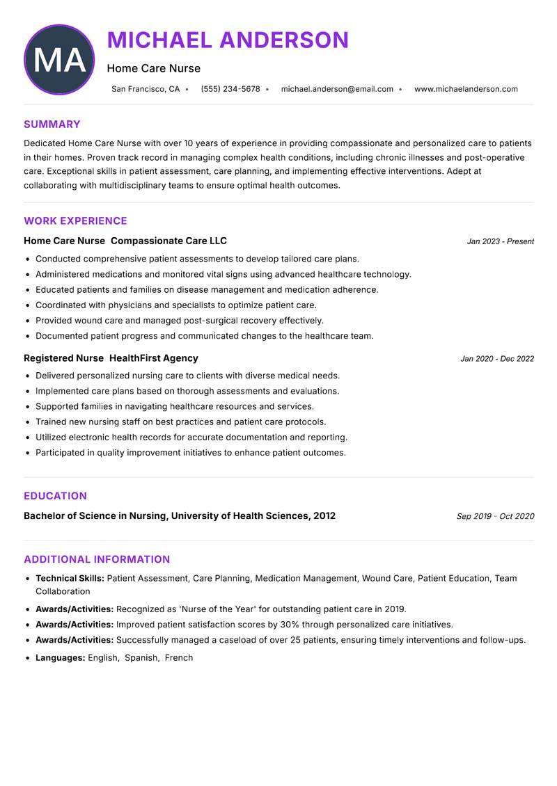 Home Care Nurse resume example
