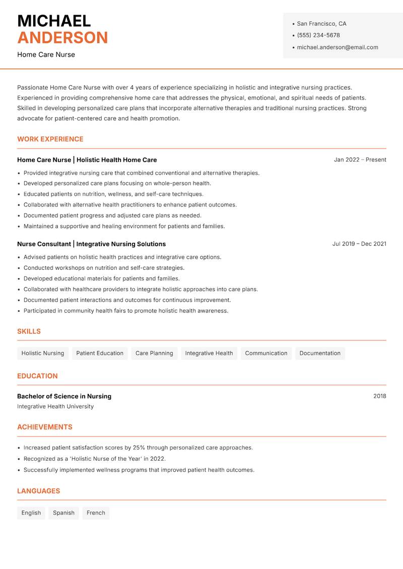 Home Care Nurse resume sample — Home Care Nurse focus