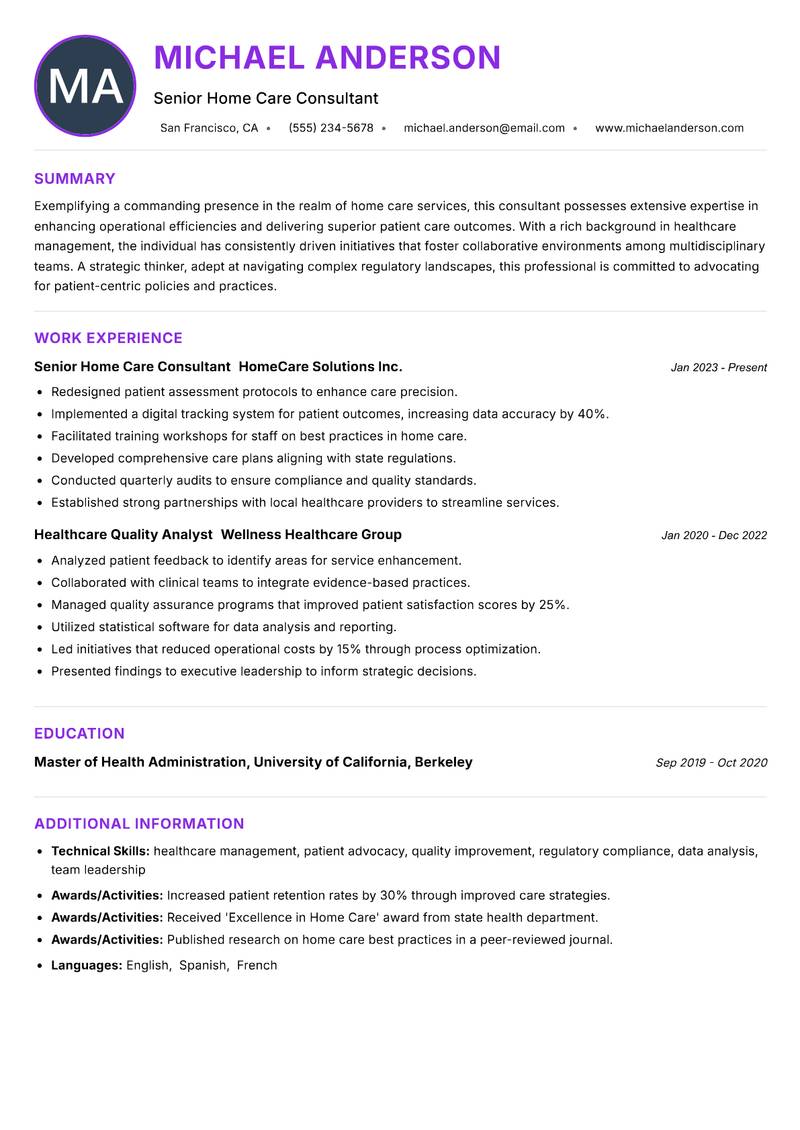 Home Care Services Consultant resume example