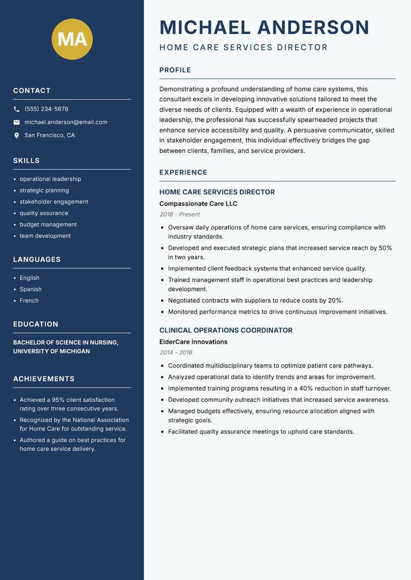 Home Care Services Consultant resume sample — Home Care Services Director focus