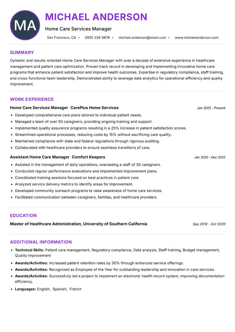 Home Care Services Manager resume example