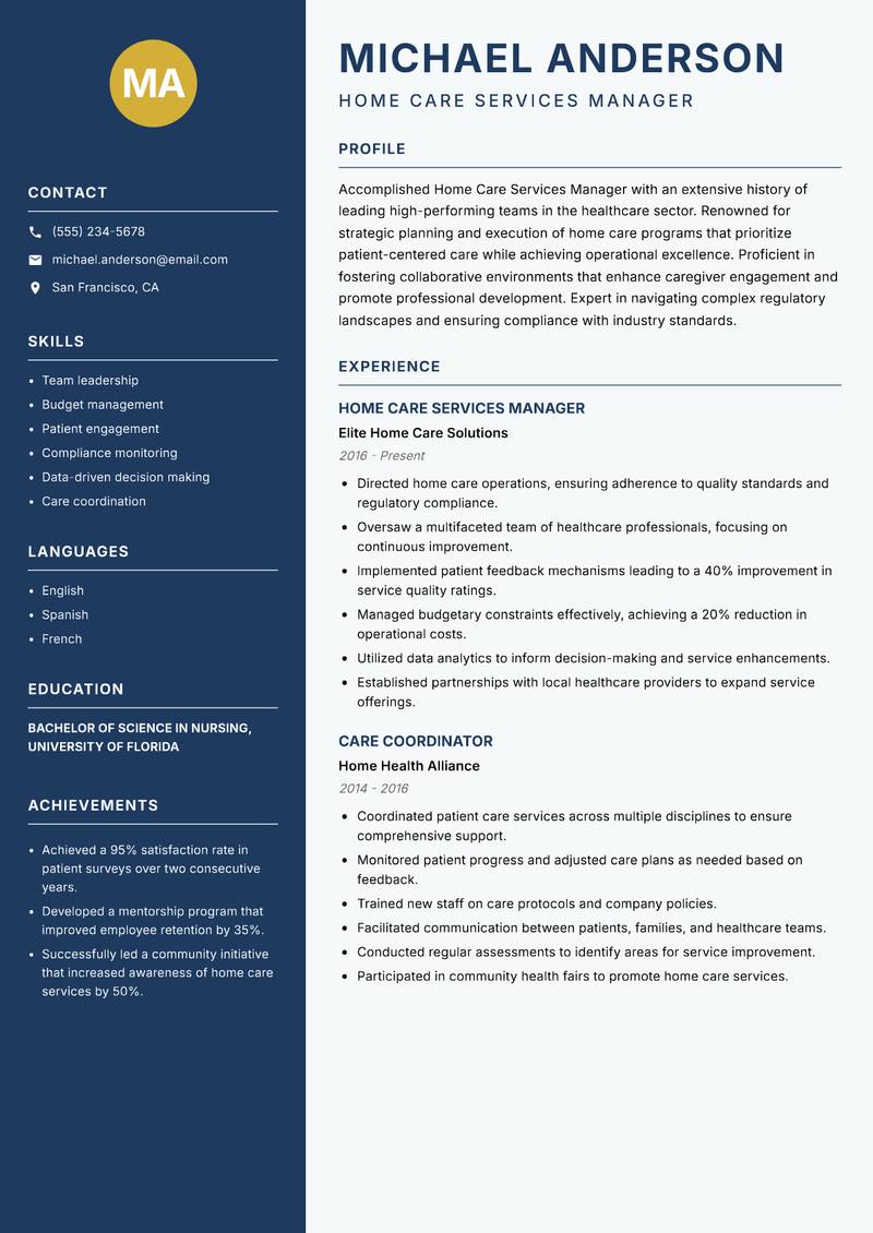 Home Care Services Manager resume sample — Home Care Services Manager focus