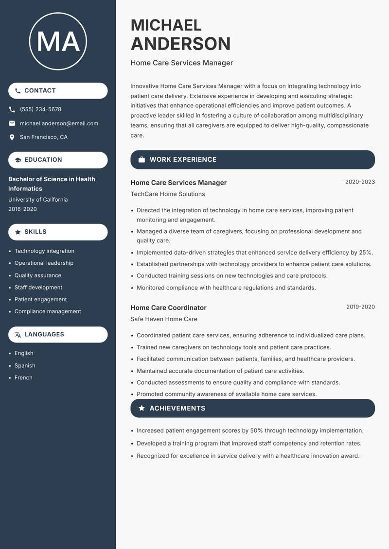 Home Care Services Manager resume sample — Home Care Services Manager focus