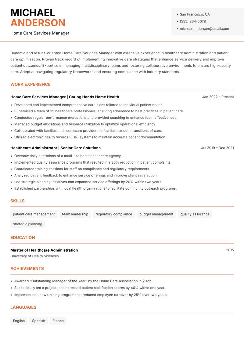 Home Care Services Manager resume sample — Home Care Services Manager focus