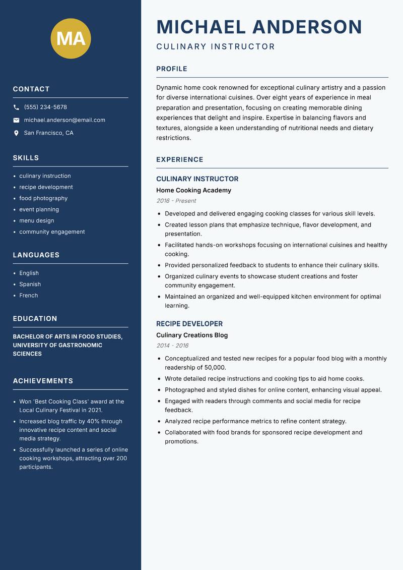 Home Cook resume sample — Culinary Instructor focus