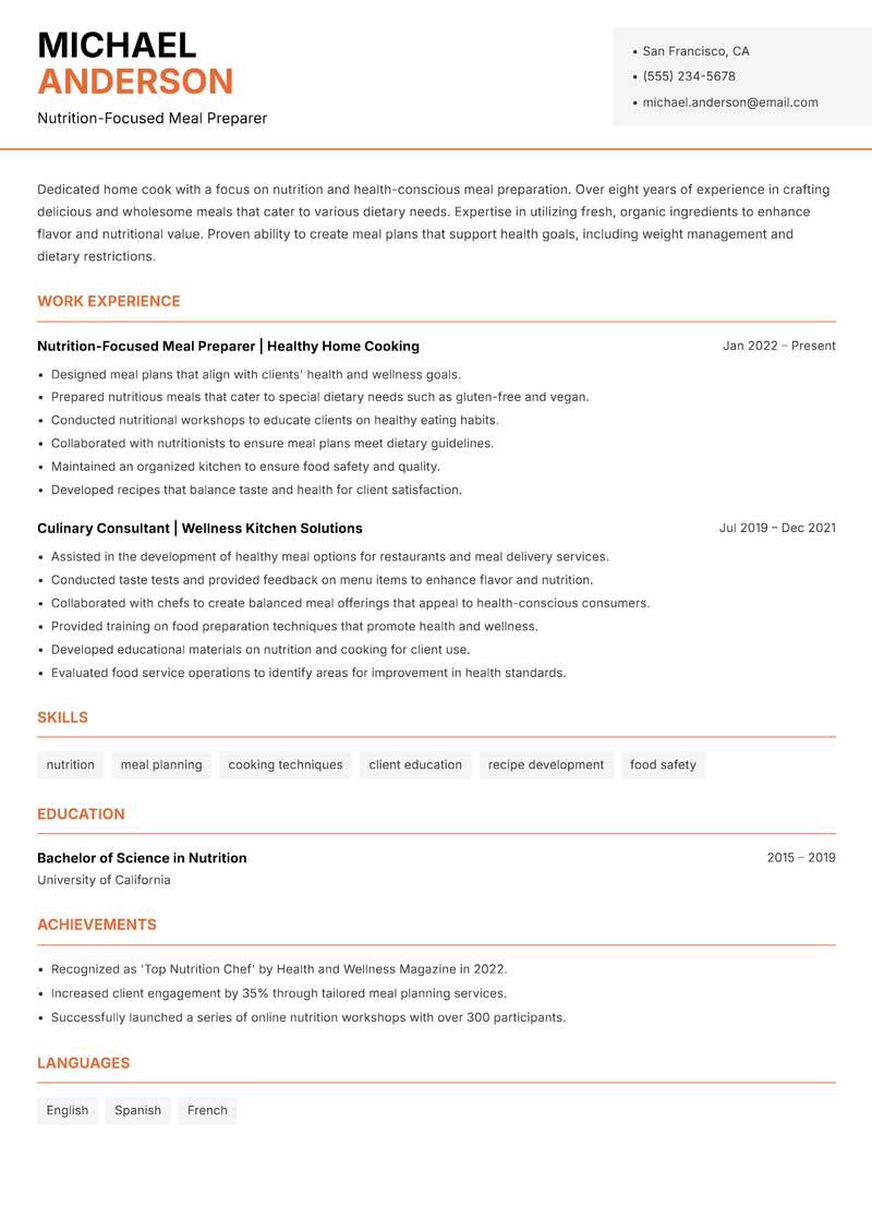 Home Cook resume sample — Nutrition-Focused Meal Preparer focus