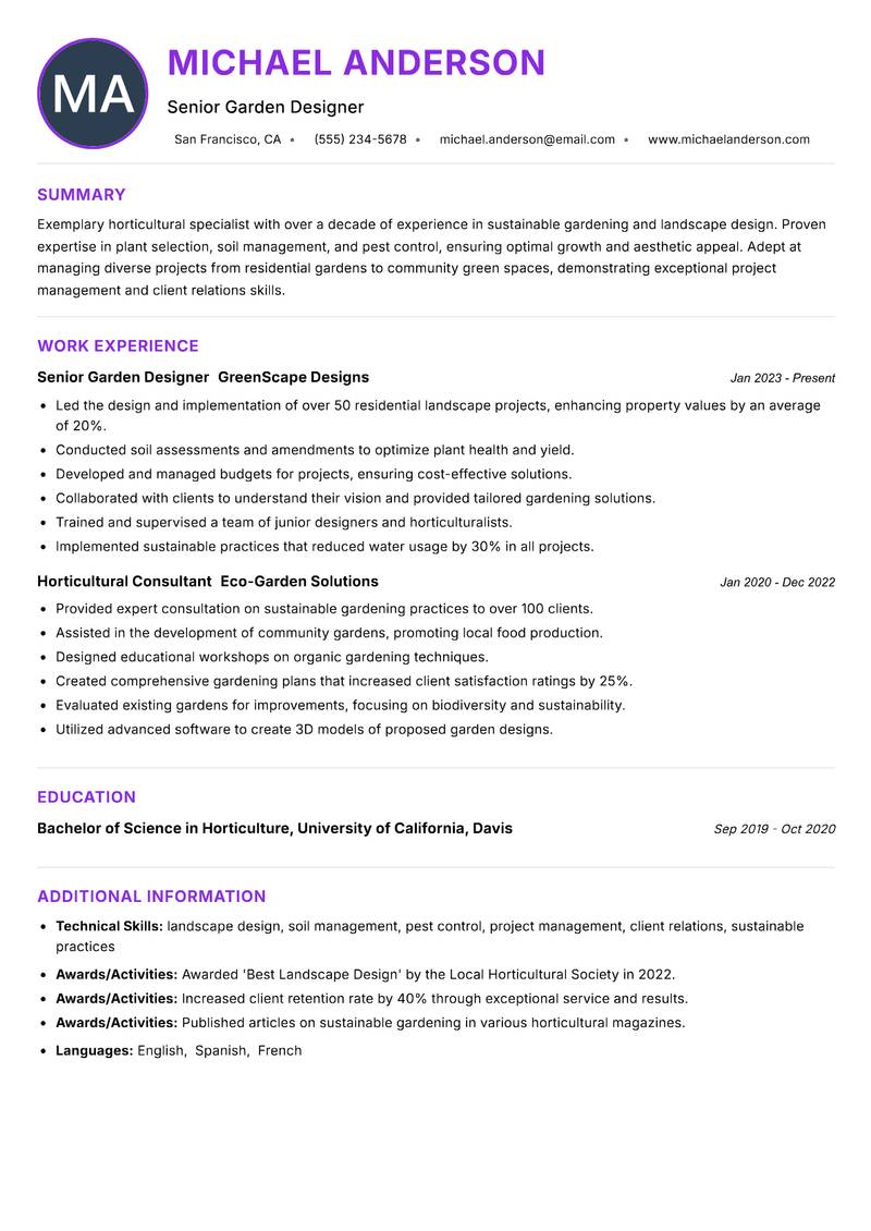 Home Garden Caretaker resume example