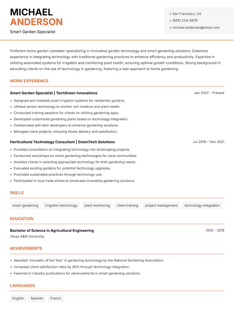 Home Garden Caretaker resume sample — Smart Garden Specialist focus