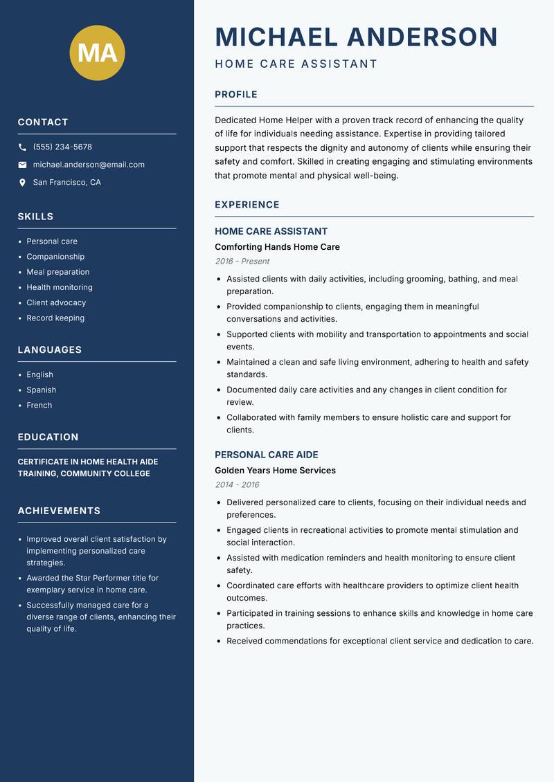 Home Helper resume sample — Home Care Assistant focus